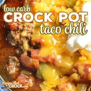 Our Low Carb Crock Pot Taco Chili is a hearty soup with savory beef, tomatoes, peppers and zucchini. Taco seasoning and cumin add a smoky flavor to this low carb chili.