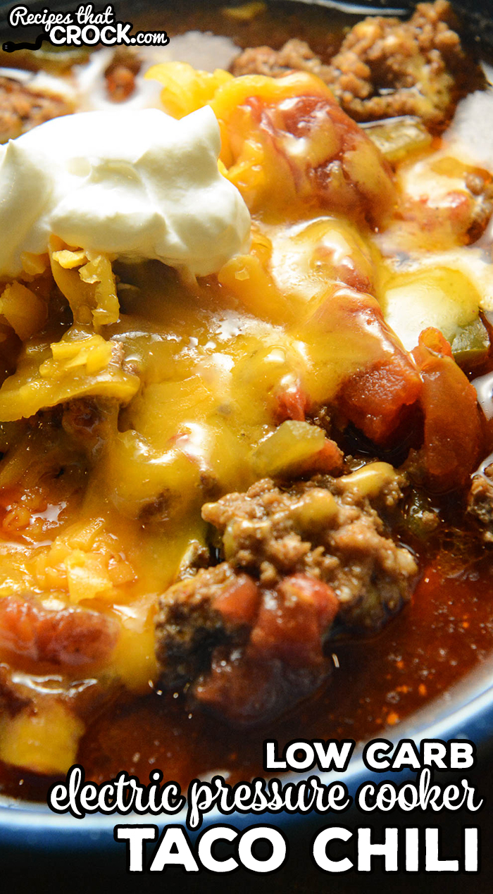 Our Electric Pressure Cooker Taco Chili is a quick and easy low carb soup to make in your Instant Pot or Ninja Foodi. This beefy chili has a hearty mix of tomatoes, peppers and zucchini. Taco seasoning and cumin add a smoky flavor to this low carb chili.