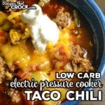 Our Electric Pressure Cooker Taco Chili is a quick and easy low carb soup to make in your Instant Pot or Ninja Foodi. This beefy chili has a hearty mix of tomatoes, peppers and zucchini. Taco seasoning and cumin add a smoky flavor to this low carb chili.