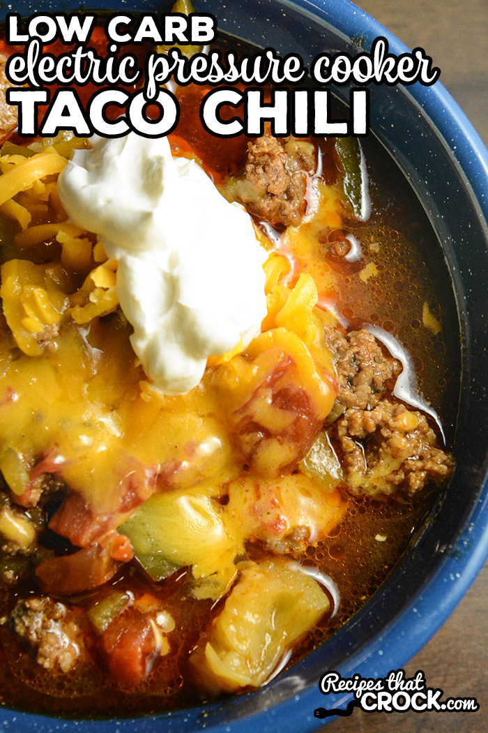 Our Electric Pressure Cooker Taco Chili is a quick and easy low carb soup to make in your Instant Pot or Ninja Foodi. This beefy chili has a hearty mix of tomatoes, peppers and zucchini. Taco seasoning and cumin add a smoky flavor to this low carb chili.