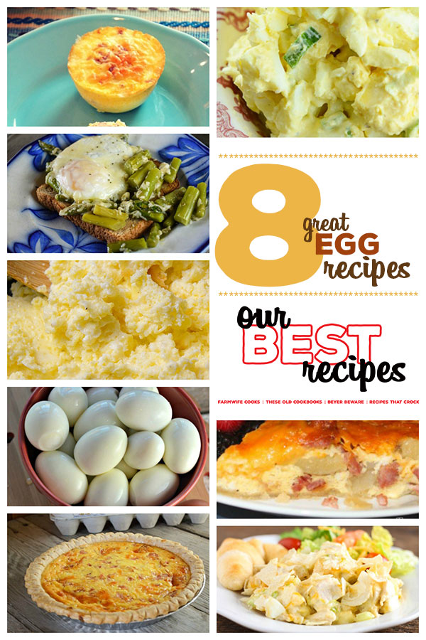 8 Great Egg Recipes (Our Best Recipes) - Ham, Potato and Cheddar Quiche, No Peel Crock Pot Egg Salad, Make-Ahead Ham and Cheese Quiche, Easy to Peel Hard Boiled Eggs, Hot Chicken Salad, Crock Pot Scrambled Eggs Recipe, Baked Eggs and Asparagus with Parmesan Cheese, Sous Vide Egg Bites