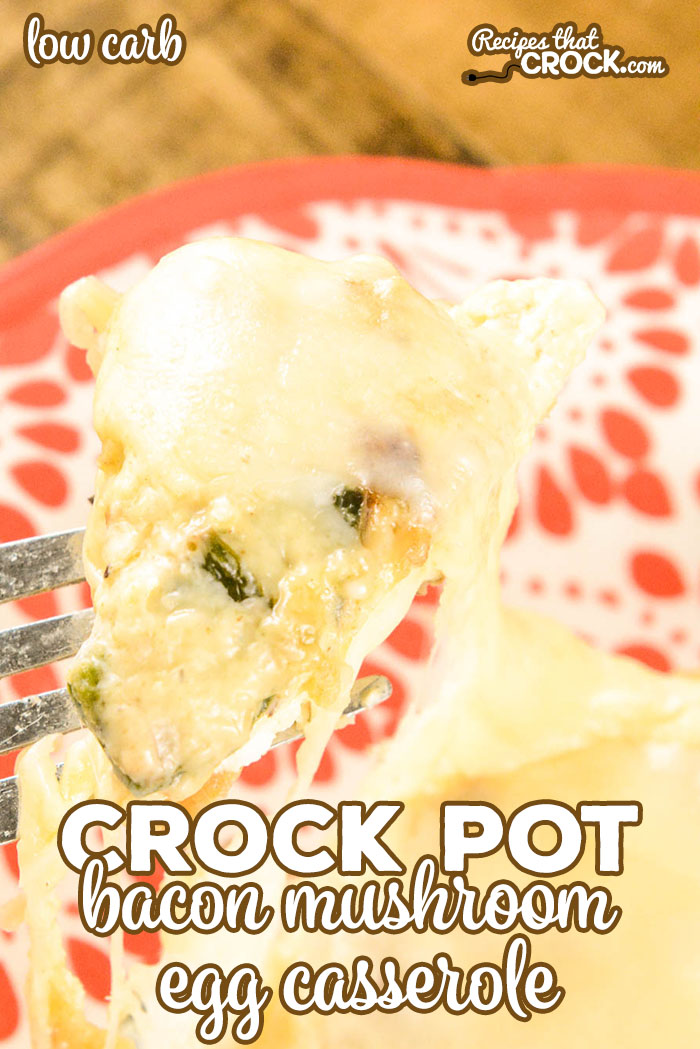 Our Crock Pot Bacon Mushroom Egg Casserole is a savory breakfast recipe with onion, peppers smoky cumin and creamy Havarti cheese. This dish is perfect for breakfast, brunch or even breakfast for dinner.
