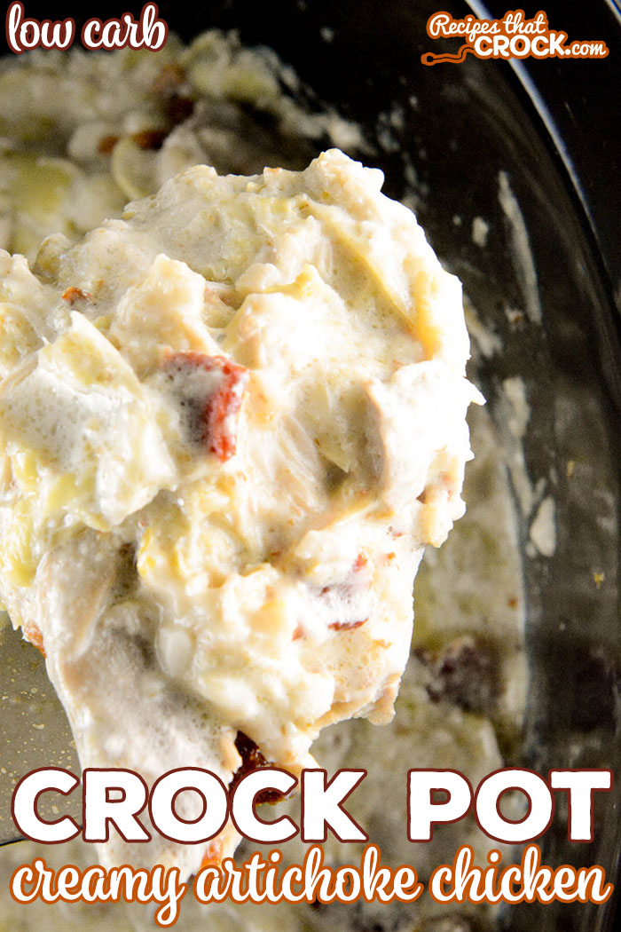 Our low carb Crock Pot Creamy Artichoke Chicken slow cooks boneless chicken in garlic lemon butter until tender and stirs in a simple creamy Parmesan sauce and crisp bacon to create the savory main dish favorite.
