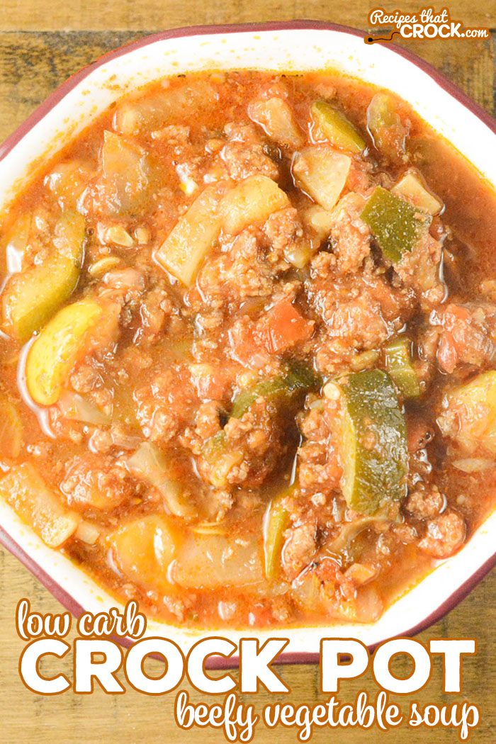 Our low carb Crock Pot Beefy Vegetable Soup is a hearty ground beef soup with tomatoes, onion, zucchini, radishes and cabbage.