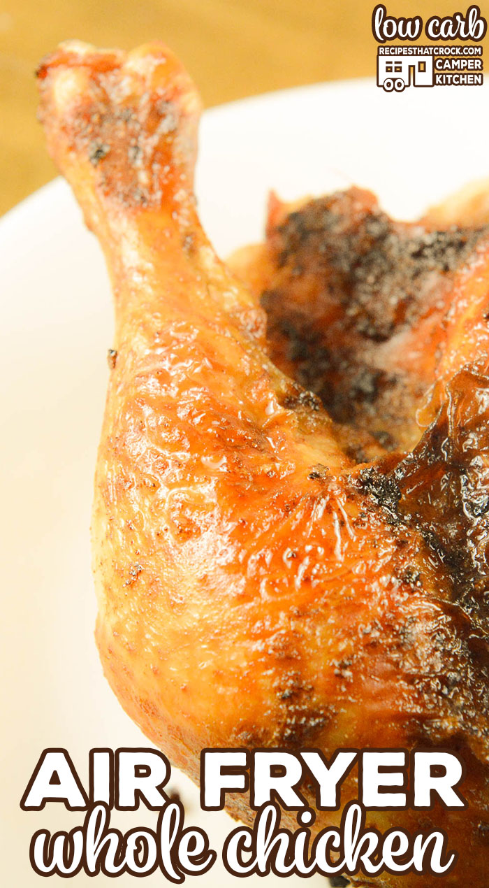 Our Air Fryer Whole Chicken is a great way to make a rotisserie style chicken at home. Perfectly seasoned, this chicken turns out tender and juicy every time. We enjoy using this recipe with both our traditional air fryer and using the air crisp feature with our Ninja Foodi.