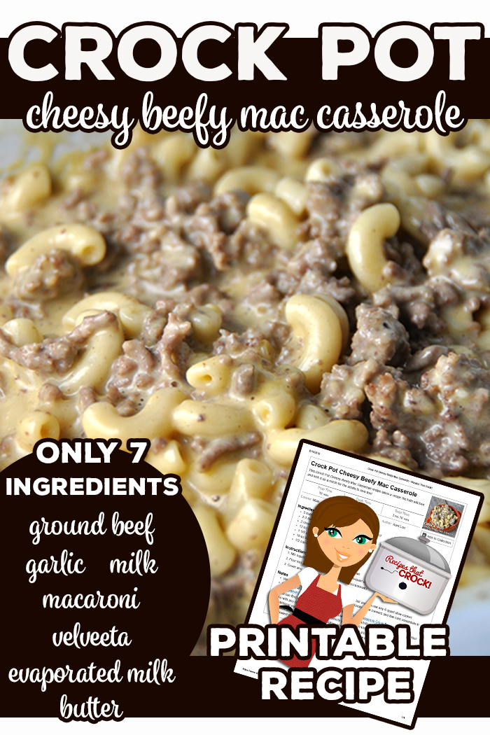 This Crock Pot Cheesy Beefy Mac Casserole recipe takes a recipe the kids will love and kick it up a notch for the adults to love too! Ground Beef, Macaroni, Milk, Garlic, Velveeta, Evaporated Milk and Butter make this macaroni dinner an instant hit! via @recipescrock
