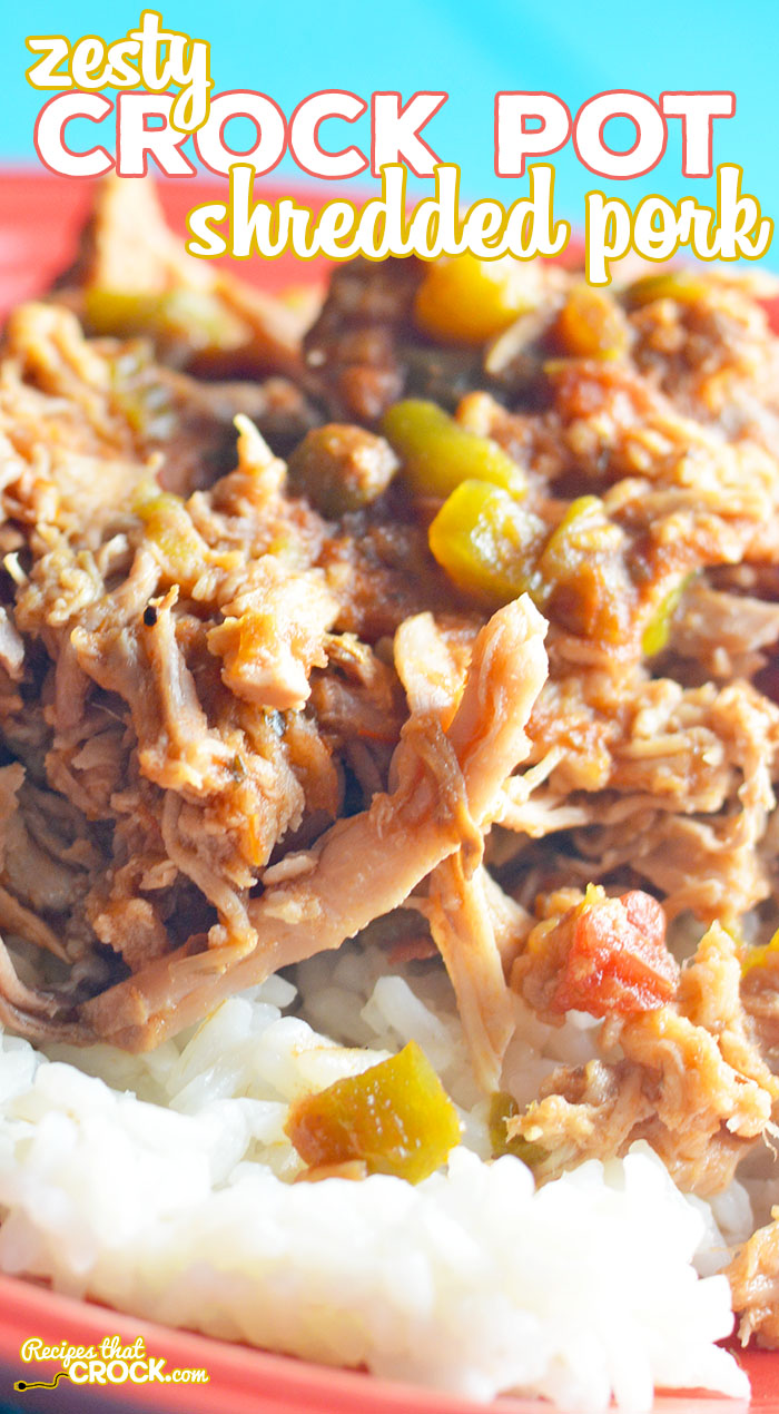 Are you looking for an easy way to switch up your regular crock pot pulled pork recipe? This Zesty Shredded Crock Pot Pork is a recipe we have been using for years to give a little bit of zip to your sandwich or taco-- or making a delicious dish over rice! Or, serve it low carb with a side of broccoli or squash.