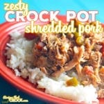 Are you looking for an easy way to switch up your regular crock pot pulled pork recipe? This Zesty Shredded Crock Pot Pork is a recipe we have been using for years to give a little bit of zip to your sandwich or taco-- or making a delicious dish over rice! Or, serve it low carb with a side of broccoli or squash.
