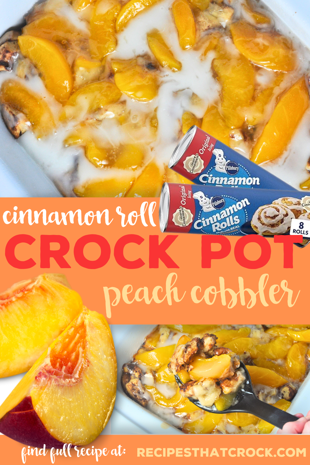 This Crock Pot Cinnamon Roll Peach Cobbler can be thrown together in less than five minutes and only has two ingredients! You will not believe how wonderful this cobbler is and it couldn't be easier!