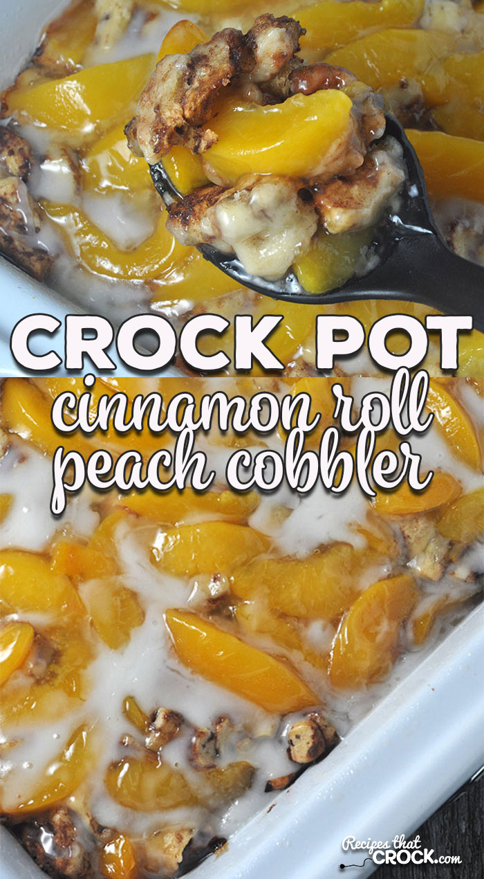 This Crock Pot Cinnamon Roll Peach Cobbler can be thrown together in less than five minutes and is sure to be a crowd favorite at your house or a potluck!