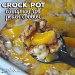 This Crock Pot Cinnamon Roll Peach Cobbler can be thrown together in less than five minutes and is sure to be a crowd favorite at your house or a potluck!