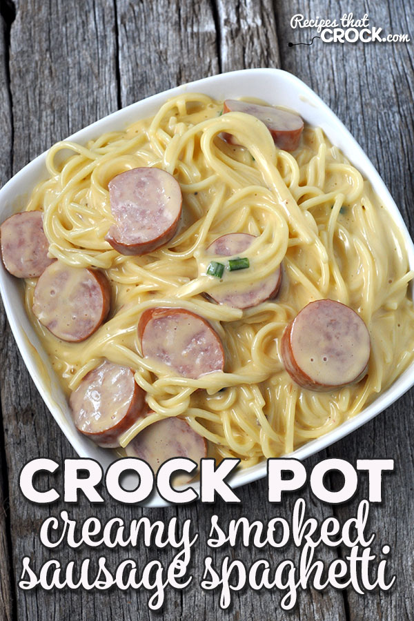 This Creamy Crock Pot Smoked Sausage Spaghetti is a super simple recipe that the entire family will love! It is the perfect recipe to mix up spaghetti night!