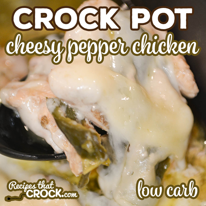 Our Crock Pot Cheesy Pepper Chicken is a simple low carb dish with a lot flavor! Tender boneless chicken, cumin, garlic and peppers slow cook together and are served topped with creamy Havarti cheese.