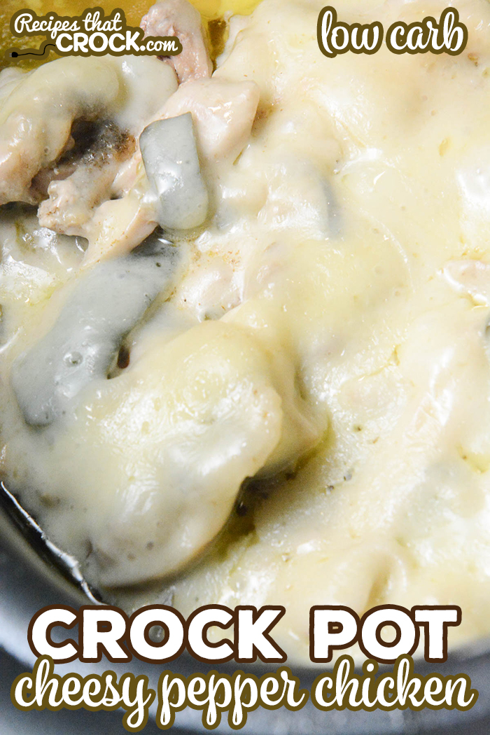 Our Crock Pot Cheesy Pepper Chicken is a simple low carb dish with a lot flavor! Tender boneless chicken, cumin, garlic and peppers slow cook together and are served topped with creamy Havarti cheese.