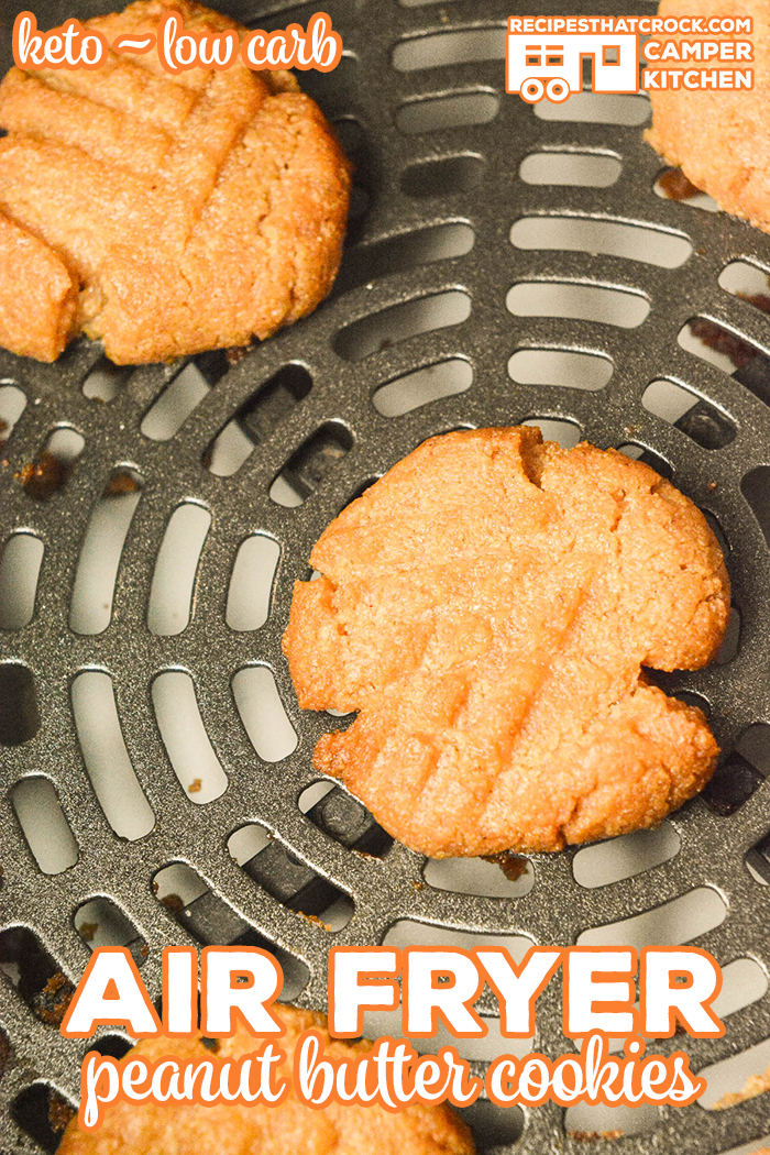 Did you know you can make cookies in your air fryer?! You can use this method to make our Sugar Free Peanut Butter Cookies or our regular peanut butter cookies. Ninja Foodi Air Crisp, traditional air fryer and oven instructions. Cookie recipe is low carb and keto diet friendly.