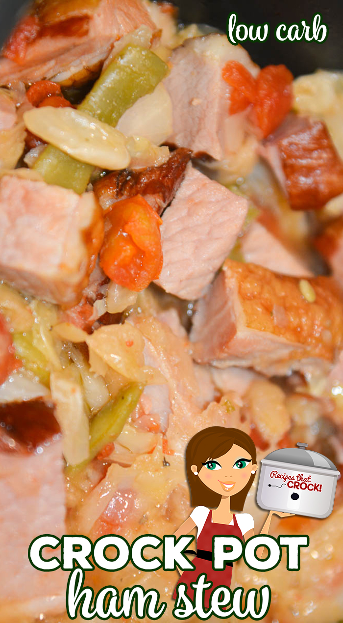 Our Crock Pot Ham Stew is a flavorful one pot meal you can make with leftover ham. The smoky ham flavor cooks into the cabbage, tomatoes and green beans to create a delicious low carb stew.
