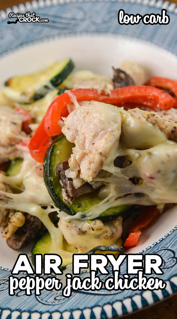 Are you looking for an easy dinner you can make in your air fryer or Ninja Foodi? Our Air Fryer Pepper Jack Chicken has tender chicken, bell peppers, zucchini, mushrooms and pepper jack cheese. via @recipescrock
