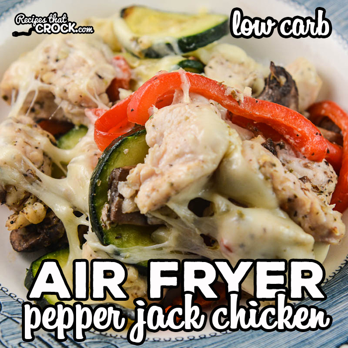 Are you looking for an easy dinner you can make in your air fryer or Ninja Foodi? Our Air Fryer Pepper Jack Chicken has tender chicken, bell peppers, zucchini, mushrooms and pepper jack cheese.