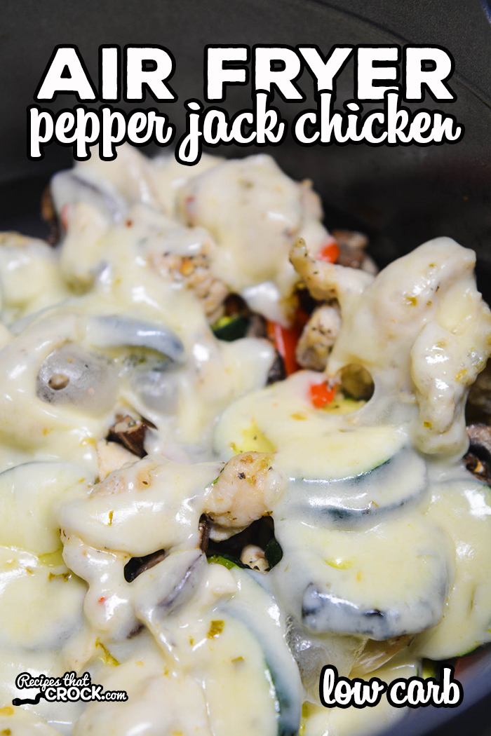 Are you looking for an easy dinner you can make in your air fryer or Ninja Foodi? Our Air Fryer Pepper Jack Chicken has tender chicken, bell peppers, zucchini, mushrooms and pepper jack cheese.
