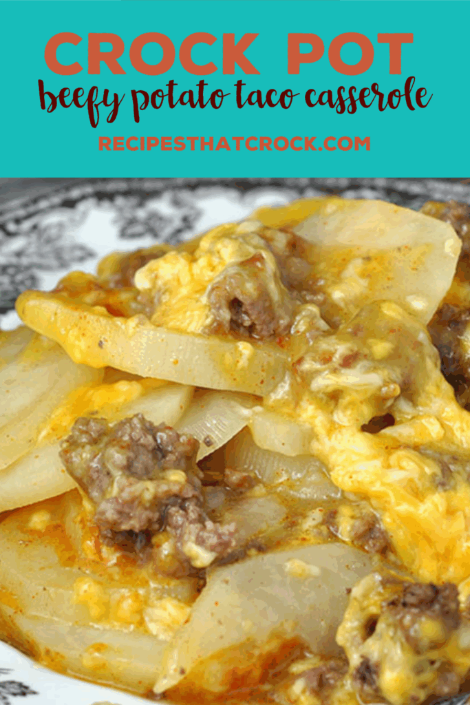 This Crock Pot Beefy Potato Taco Casserole is a delicious way to switch up what you are having for taco night at your house or would be great at a potluck! Tender slices of potatoes layered with flavorful ground beef in a cheesy taco sauce make an incredible casserole everyone loves!