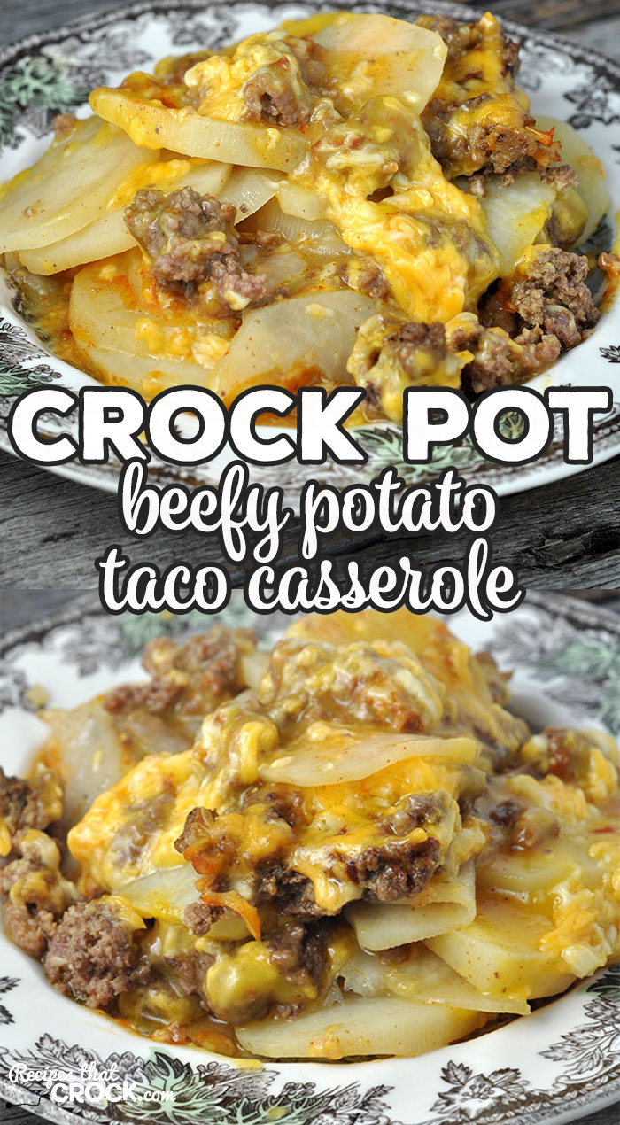 This Crock Pot Beefy Potato Taco Casserole is a delicious way to switch up what you are having for taco night at your house or would be great at a potluck!