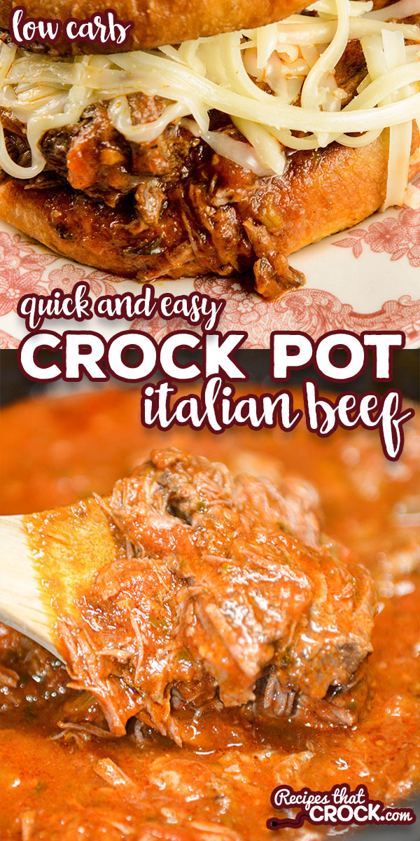 Our quick and easy Crock Pot Italian Beef is a flavorful dish with savory shredded beef and a tomato based pepperoncini sauce. We love eating ours as a sandwich topped with melted mozzarella cheese. Low carb options too! via @recipescrock