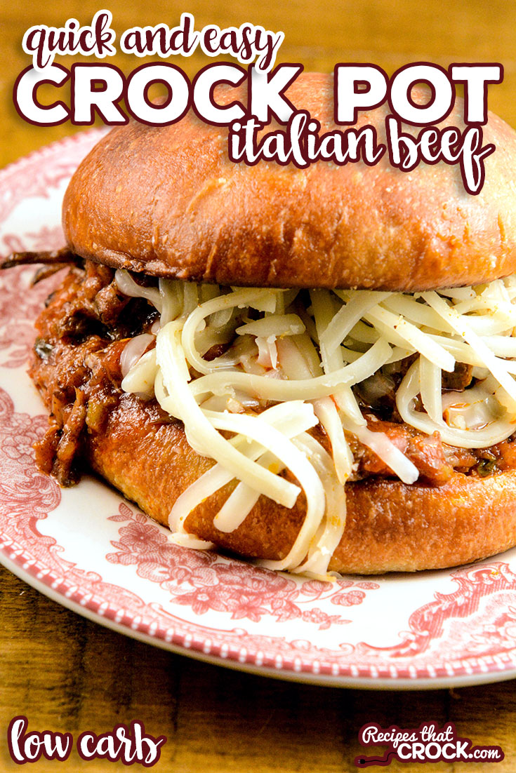 Our quick and easy Crock Pot Italian Beef is a flavorful dish with savory shredded beef and a tomato based pepperoncini sauce. We love eating ours as a sandwich topped with melted mozzarella cheese. Low carb options too! via @recipescrock