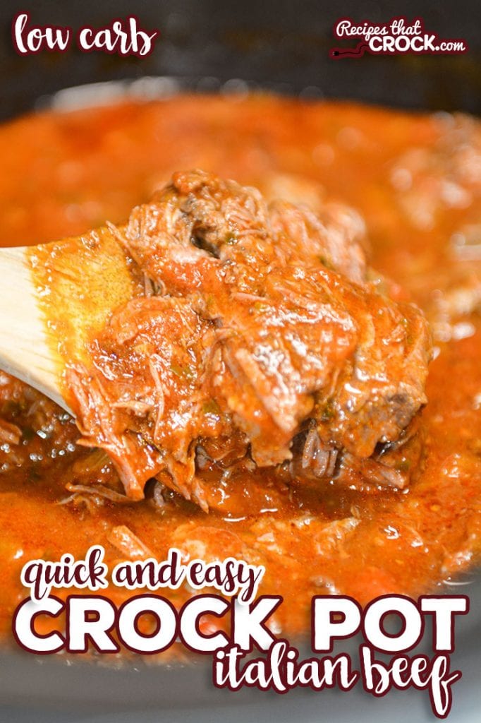 Our quick and easy Crock Pot Italian Beef is a flavorful dish with savory shredded beef and a tomato based pepperoncini sauce. We love eating ours as a sandwich topped with melted mozzarella cheese. Low carb options too!
