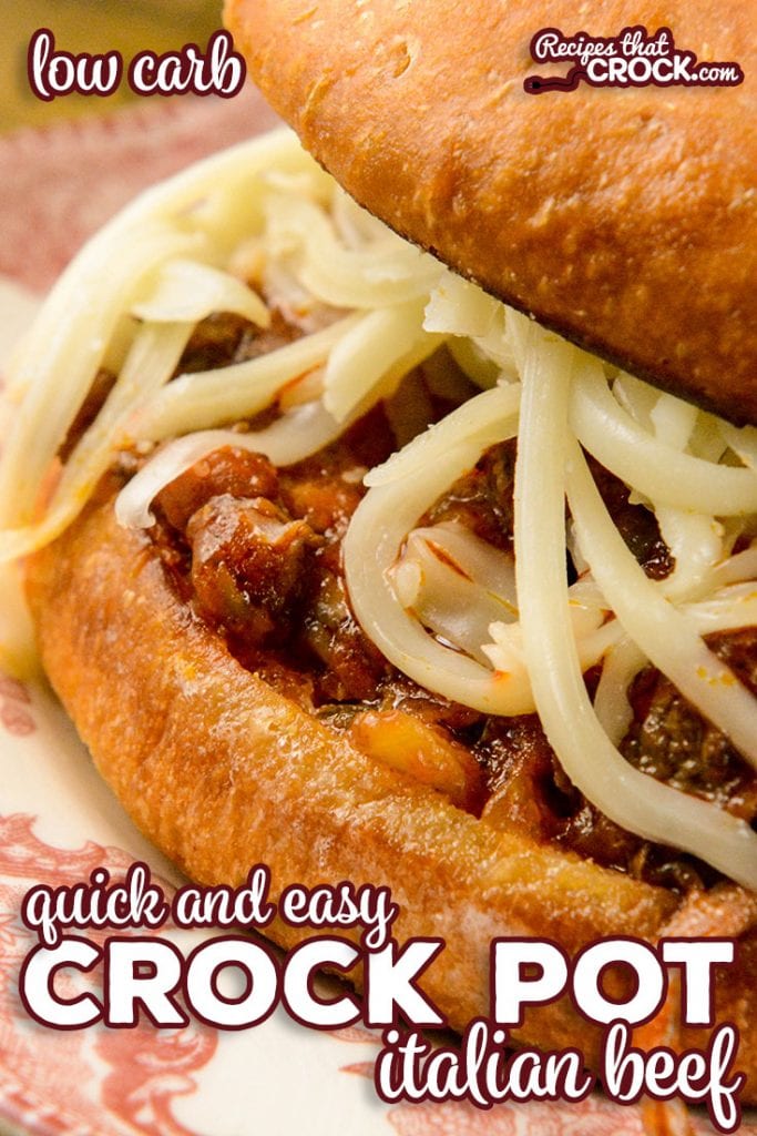 Our quick and easy Crock Pot Italian Beef is a flavorful dish with savory shredded beef and a tomato based pepperoncini sauce. We love eating ours as a sandwich topped with melted mozzarella cheese. Low carb options too!