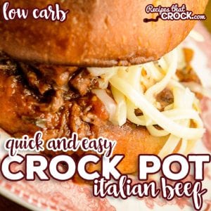 Our quick and easy Crock Pot Italian Beef is a flavorful dish with savory shredded beef and a tomato based pepperoncini sauce. We love eating ours as a sandwich topped with melted mozzarella cheese. Low carb options too!