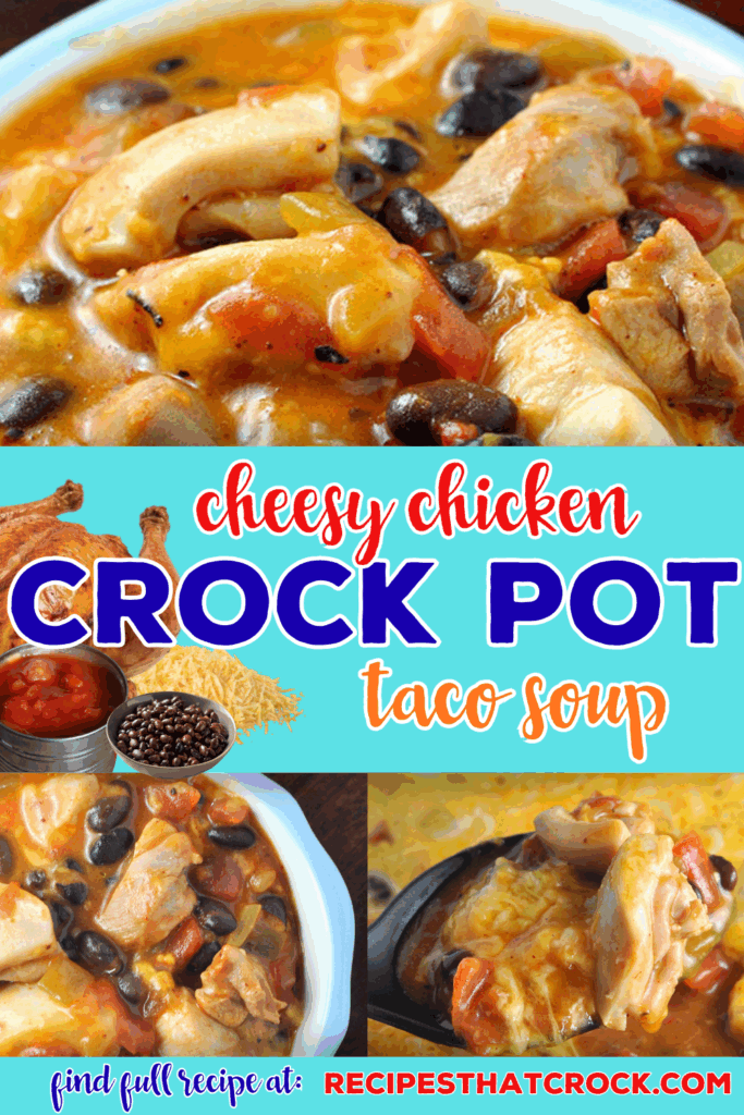 This Crock Pot Cheesy Chicken Taco Soup recipe is super simple and incredibly yummy. The flavors are like a party in your mouth! This recipe is also great for leftover or a grocery store rotisserie chicken. Tender chunks of chicken, diced tomatoes, black beans and plenty of cheese in a taco soup base make this easy crock pot soup an instant hit!