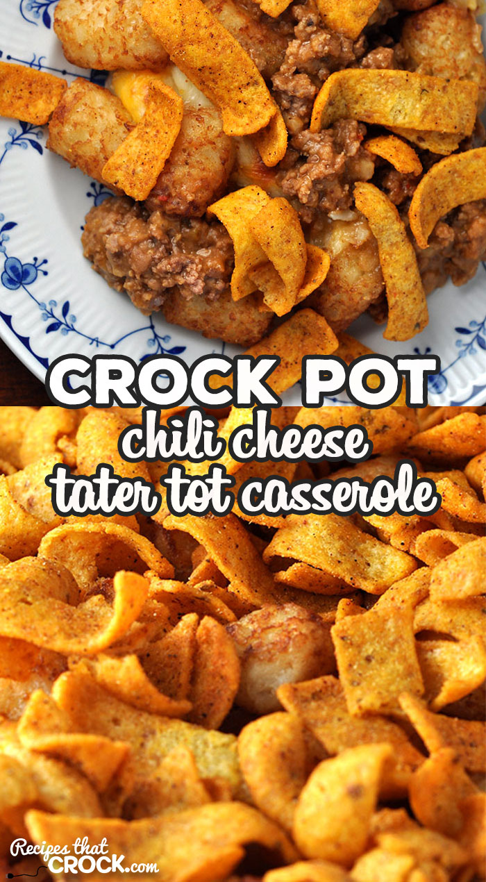 This Crock Pot Chili Cheese Tater Tot Casserole is easy and so delicious! It has an amazing flavor and great crunch with the Chili Cheese Fritos! Yum! via @recipescrock