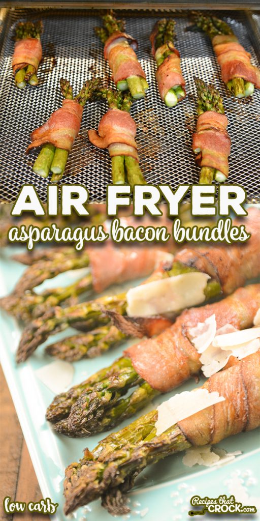 Our Air Fryer Asparagus Bacon Bundles are an easy low carb side dish or appetizer you can make in a traditional air fryer, Ninja Foodi or air fry oven. You'll love these bundles of fresh asparagus wrapped in crispy salty bacon topped with shaved Parmesan cheese.
