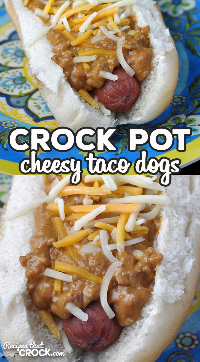 This simple Crock Pot Cheesy Taco Dogs recipe is so delicious and great for a treat at home or to take to a party or potluck! via @recipescrock