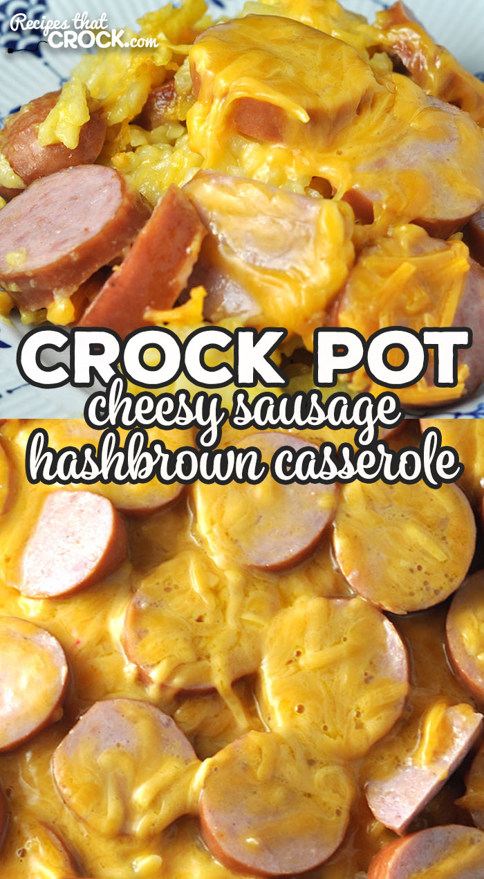 If you are looking for an easy recipe that is cheesy and comfort food at its best, don't miss this Cheesy Crock Pot Sausage Hashbrown Casserole recipe! Yum! via @recipescrock