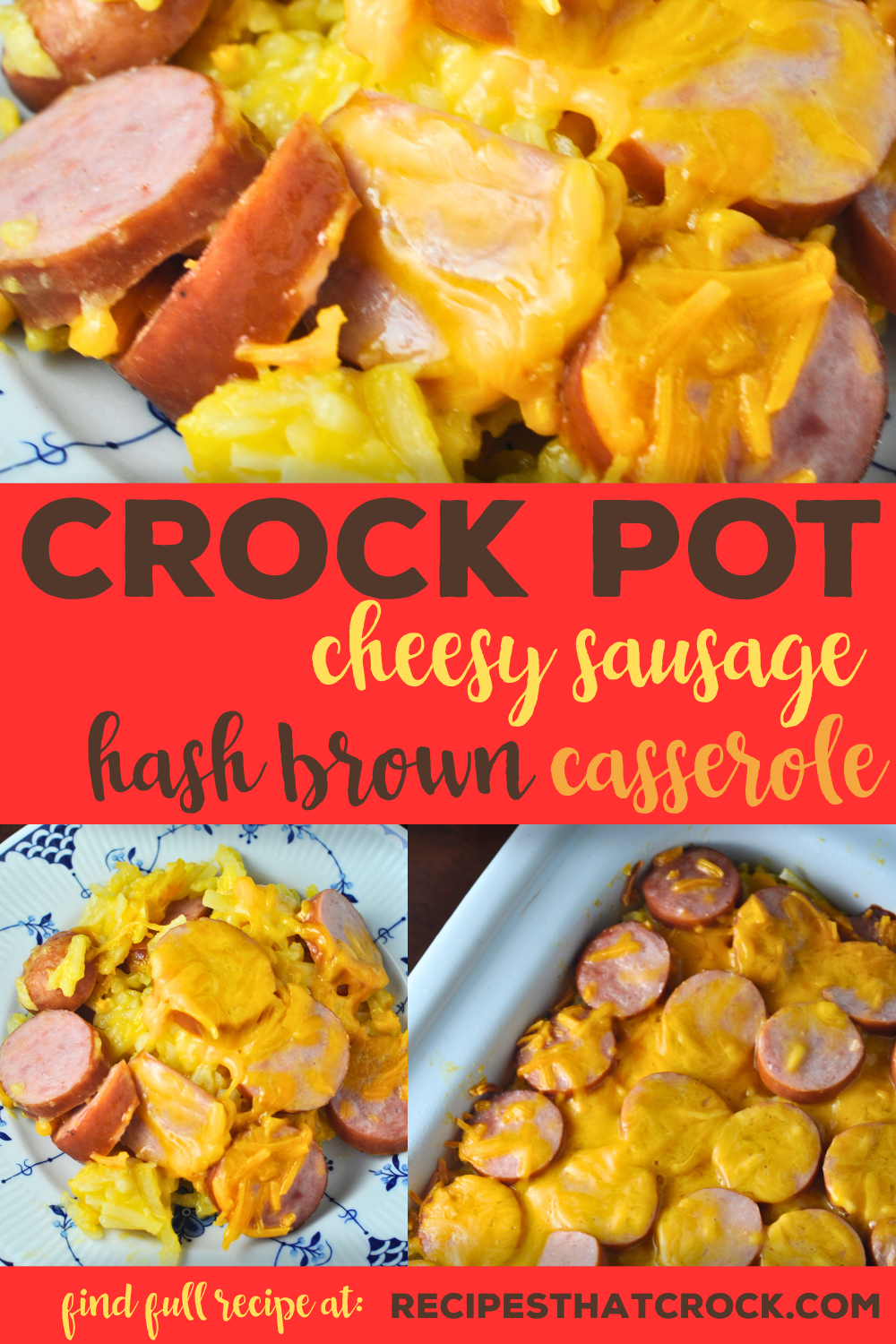 If you are looking for an easy recipe that is cheesy and comfort food at its best, don't miss this Cheesy Crock Pot Sausage Hashbrown Casserole recipe! Yum! Savory slices of kielbasa smoked sausage, hearty shredded hash browns in a cheesy sauce topped with tons of cheese.