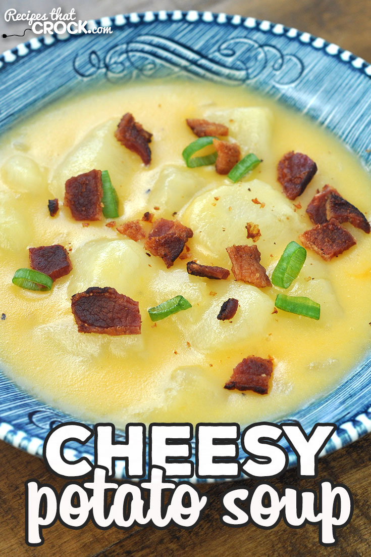 This Cheesy Potato Soup recipe for your stove top is a great way to eat a hearty dinner on a busy night! It is an amazing comfort food recipe! via @recipescrock
