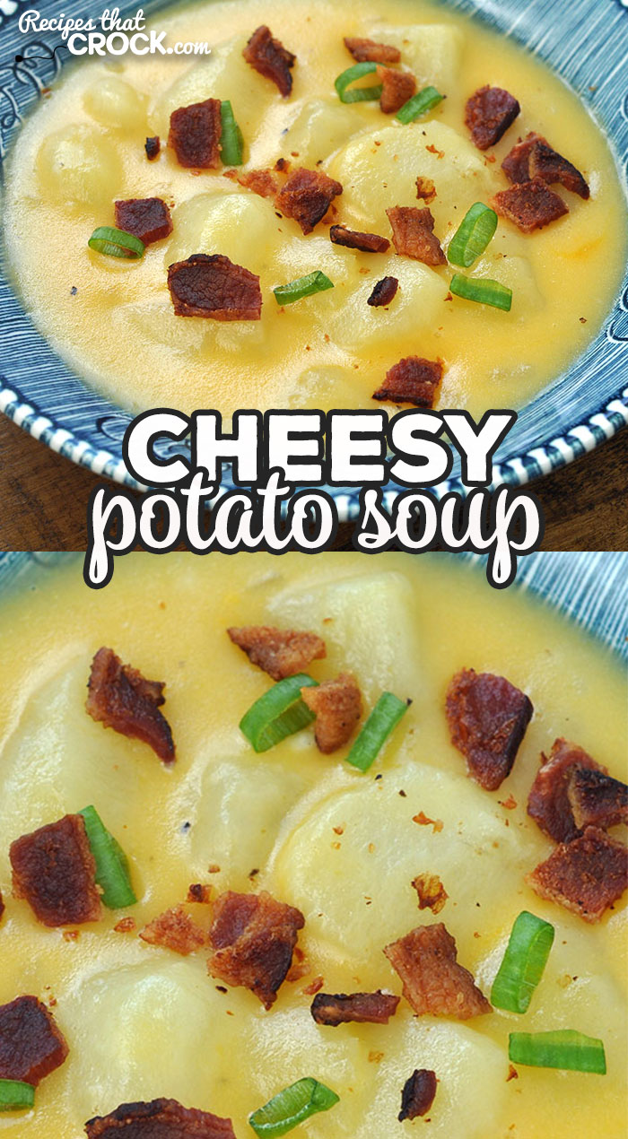 This Cheesy Potato Soup recipe for your stove top is a great way to eat a hearty dinner on a busy night! It is an amazing comfort food recipe! via @recipescrock