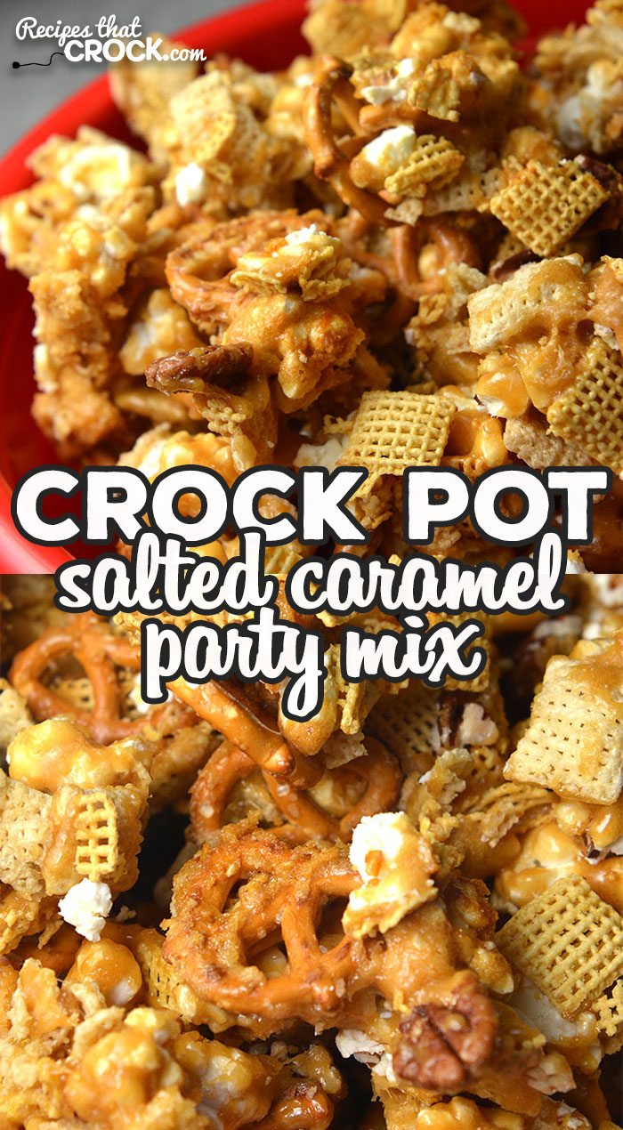 If you are looking for an amazing recipe to have as a snack or take to a party, this Crock Pot Salted Caramel Party Mix is it! It is delicious! via @recipescrock