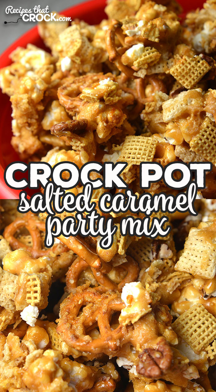 If you are looking for an amazing recipe to have as a snack or take to a party, this Crock Pot Salted Caramel Party Mix is it! It is delicious!