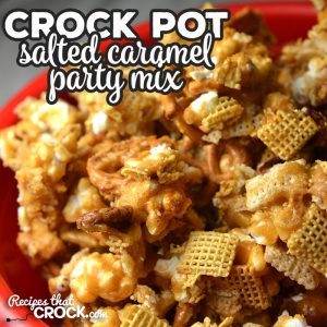 If you are looking for an amazing recipe to have as a snack or take to a party, this Crock Pot Salted Caramel Party Mix is it! It is delicious!