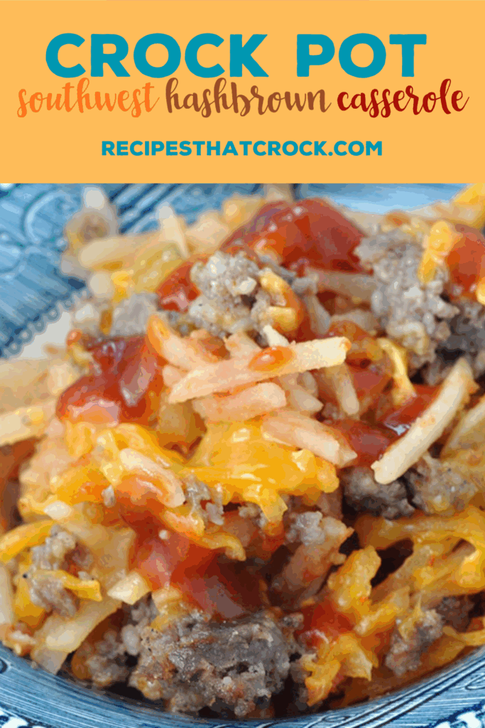 This Crock Pot Southwest Hash Brown Casserole is super simple to make and a family favorite weeknight meal! It is super yummy! Savory sausage, salsa, cheese and a bag of hashbrowns make this casserole a snap to throw together for a lazy dinner night.
