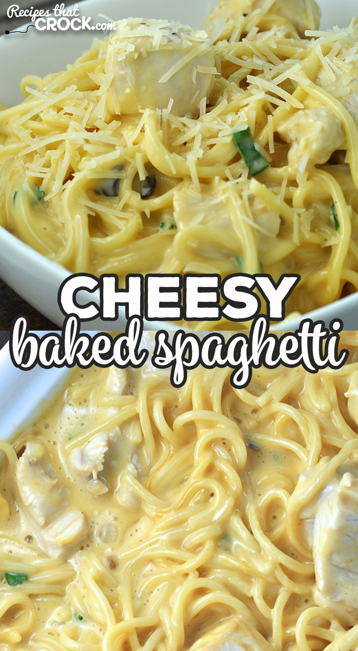 This Cheesy Baked Spaghetti recipe takes our reader favorite Crock Pot Cheesy Chicken Spaghetti and shows you how to make it in your oven!