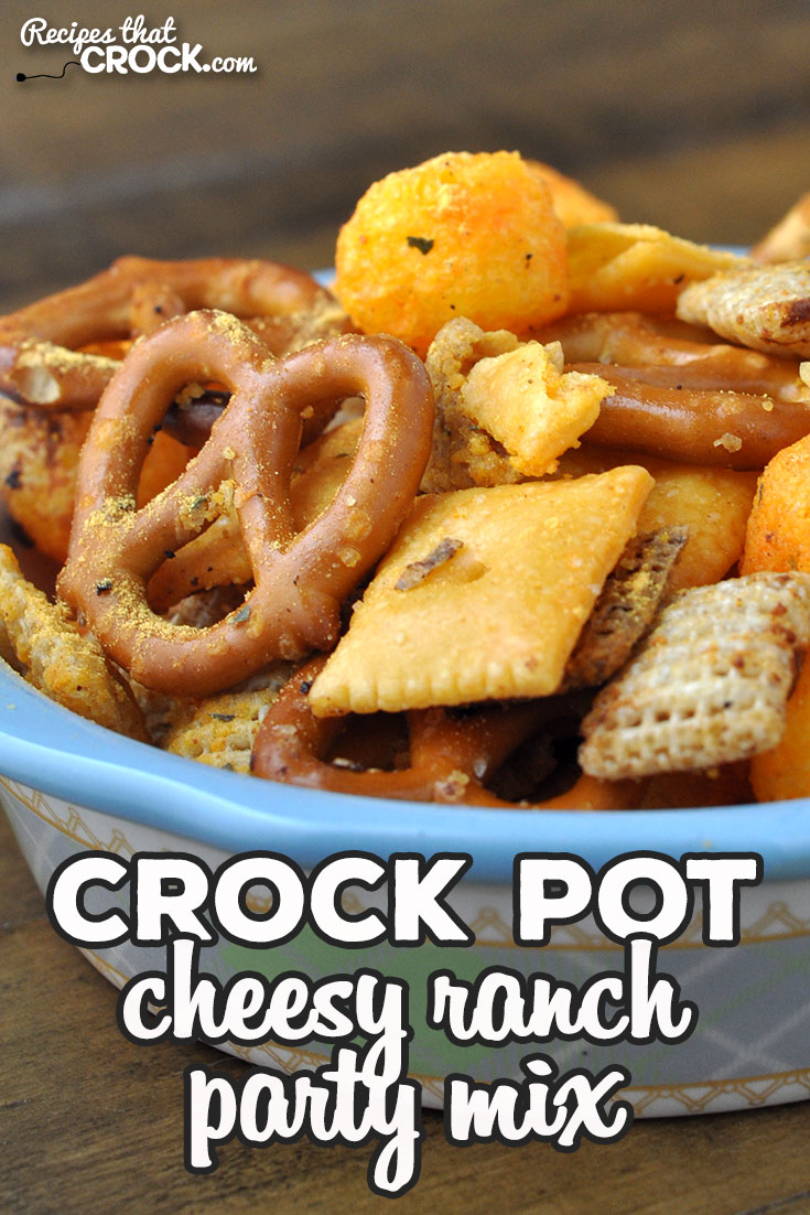 This Cheesy Ranch Crock Pot Party Mix is fun to make and delicious to boot! You and your loved ones will love this recipe! via @recipescrock