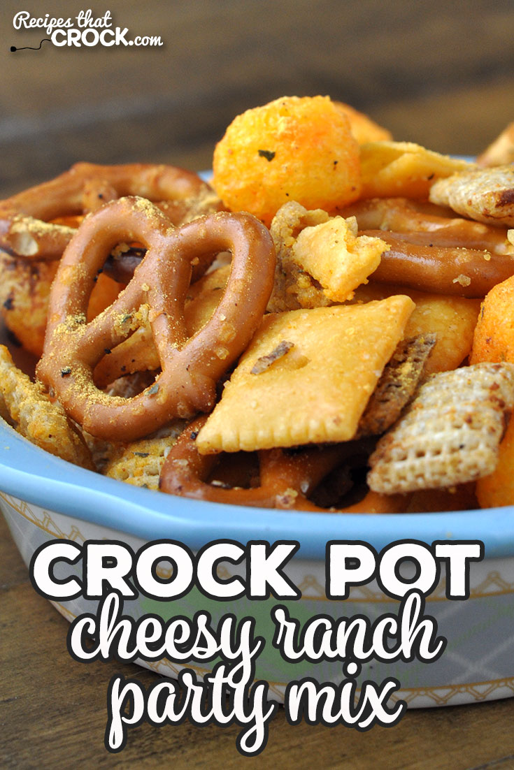 This Cheesy Ranch Crock Pot Party Mix is fun to make and delicious to boot! You and your loved ones will love this recipe! via @recipescrock