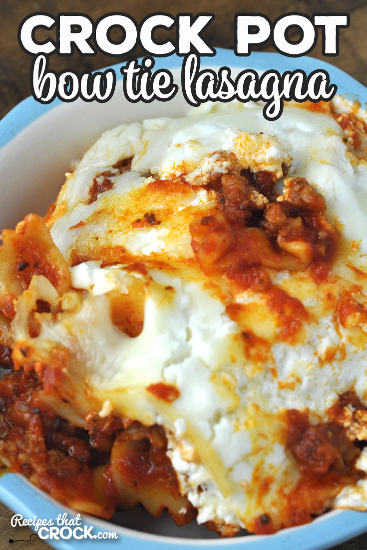 If you are looking for a delicious recipe to cRock your pot, you do not want to miss this Crock Pot Bow Tie Lasagna recipe! It is incredibly yummy!