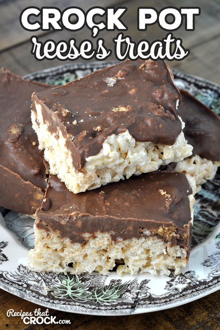 This Crock Pot Reese's Treats recipe takes your regular rice krispy treats up a level with delicious melted Reese's Cups on top! So yummy!