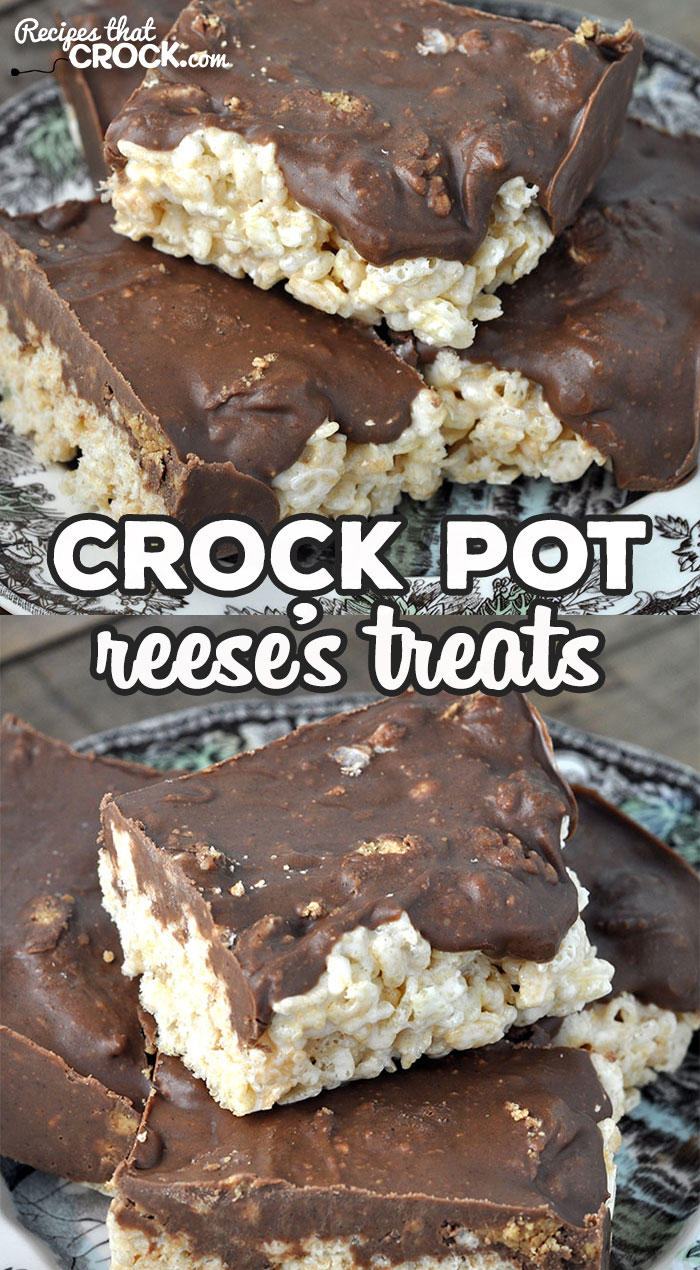 This Crock Pot Reese's Treats recipe takes your regular rice krispy treats up a level with delicious melted Reese's Cups on top! So yummy! via @recipescrock