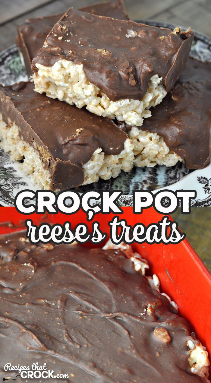 This Crock Pot Reese's Treats recipe takes your regular rice krispy treats up a level with delicious melted Reese's Cups on top! So yummy!