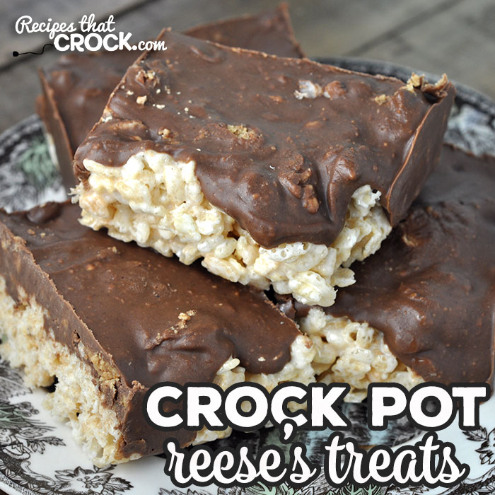 This Crock Pot Reese's Treats recipe takes your regular rice krispy treats up a level with delicious melted Reese's Cups on top! So yummy!